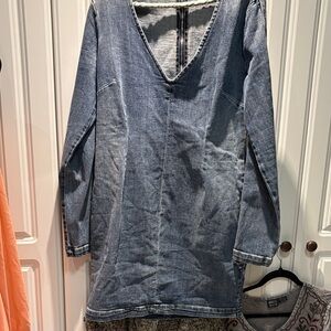 V-Neck Long Sleeve Denim Tunic Dress - Classic Blue